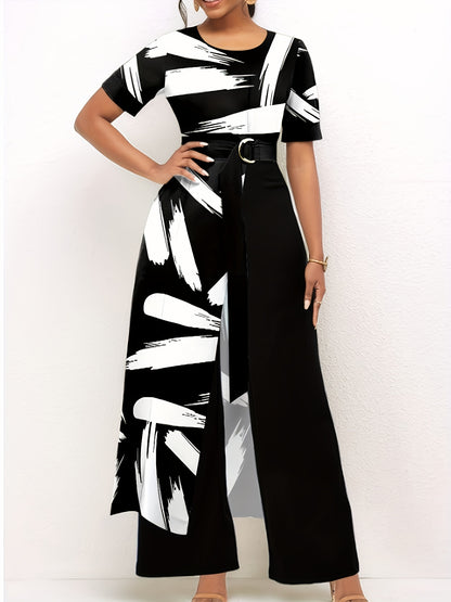 gbolsos  Brush Print Wide Leg Jumpsuit, Casual Crew Neck Short Sleeve Jumpsuit With Overskirts, Women's Clothing