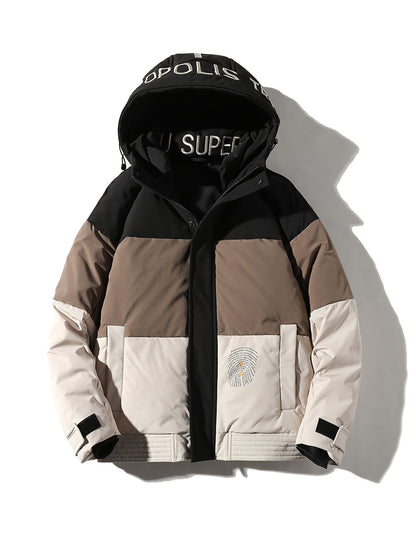 gbolsos  Warm Lightweight Puffer Color Block Hooded Jackets, Men's Casual Classic Design Outwears For Fall Winter