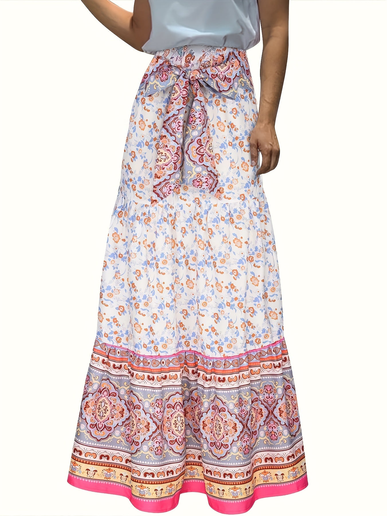 Floral Print Tie Front Skirt, Boho Skirt For Spring & Summer, Women's Clothing