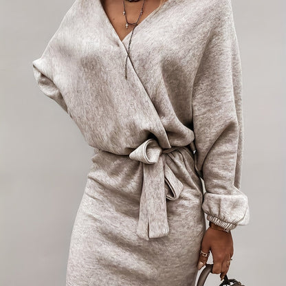 Solid Surplice Neck Dress, Elegant Long Sleeve Bag Hip Dress, Women's Clothing