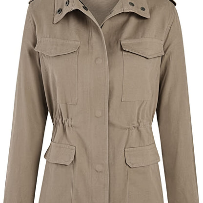 gbolsos  Solid Stand Collar Long Sleeve Pockets Jacket, Winter Warm Zipper Button Casual Outerwear, Women's Clothing