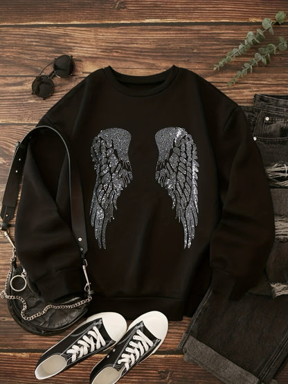 gbolsos  Wing Rhinestone Sweatshirt, Casual Long Sleeve Crew Neck Sweatshirt For Fall & Winter, Women's Clothing