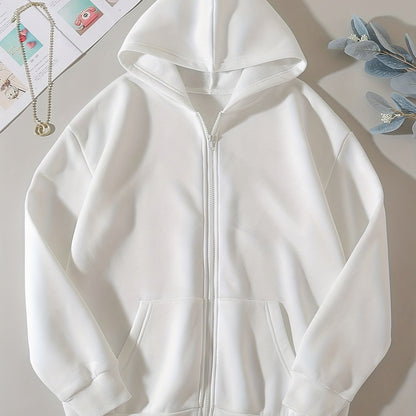 Solid Zip Up Hoodie, Casual Long Sleeve Hoodies Sweatshirt With Pockets, Women's Clothing