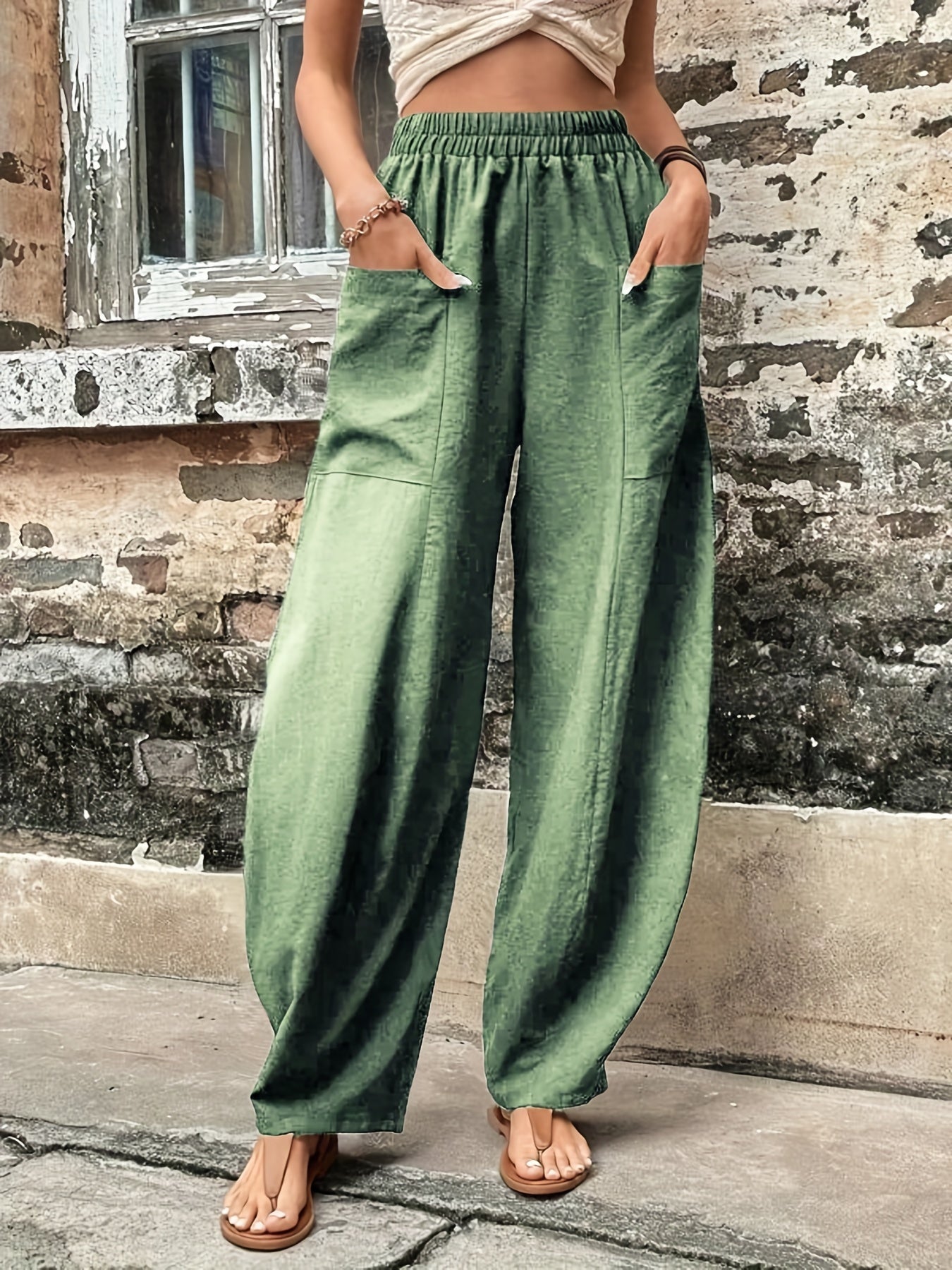 gbolsos  Boho Solid Elastic Waist Harem Pants, Casual Long Length Baggy Pants With Pockets For Spring & Summer, Women's Clothing
