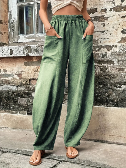 gbolsos  Boho Solid Elastic Waist Harem Pants, Casual Long Length Baggy Pants With Pockets For Spring & Summer, Women's Clothing