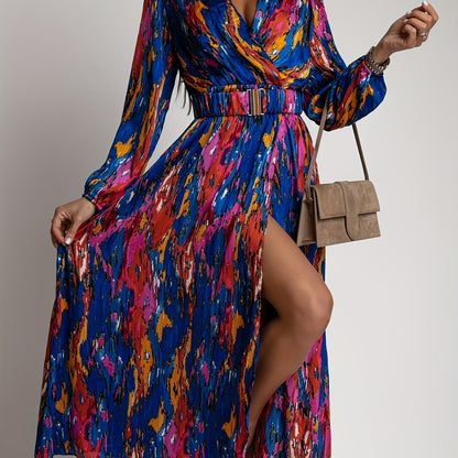 gbolsos  Full Printed Surplice Neck Dress, Boho Long Sleeve Maxi Dress, Women's Clothing