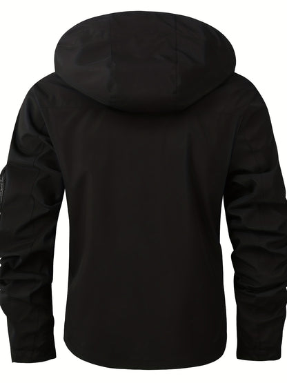 gbolsos  Waterproof  Windbreaker Hooded Jacket With Plaid Lining, Men's Casual Solid Color Zip Up Jacket For Spring Fall Outdoor