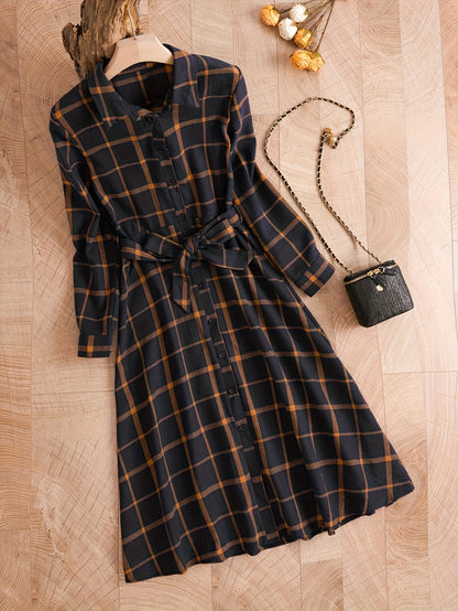 gbolsos  Plaid Print Button Front Dress, Elegant Long Sleeve Dress, Women's Clothing