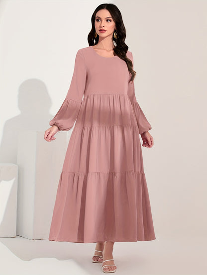 Ruched Lantern Sleeve Dress, Casual Crew Neck Solid Maxi Dress, Women's Clothing