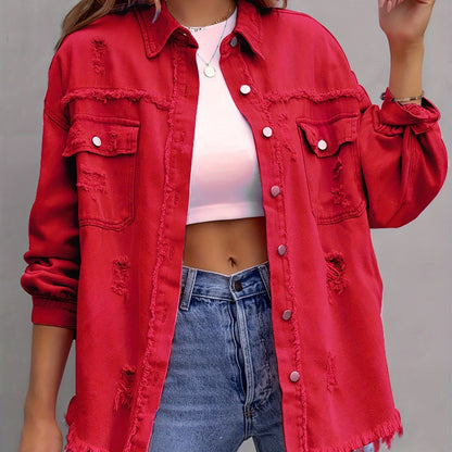 gbolsos  Raw Hem Ripped Distressed Denim Jacket, Flap Pockets Long Sleeves Street Style Single-Breasted Denim Coat, Women's Denim Jeans & Clothing