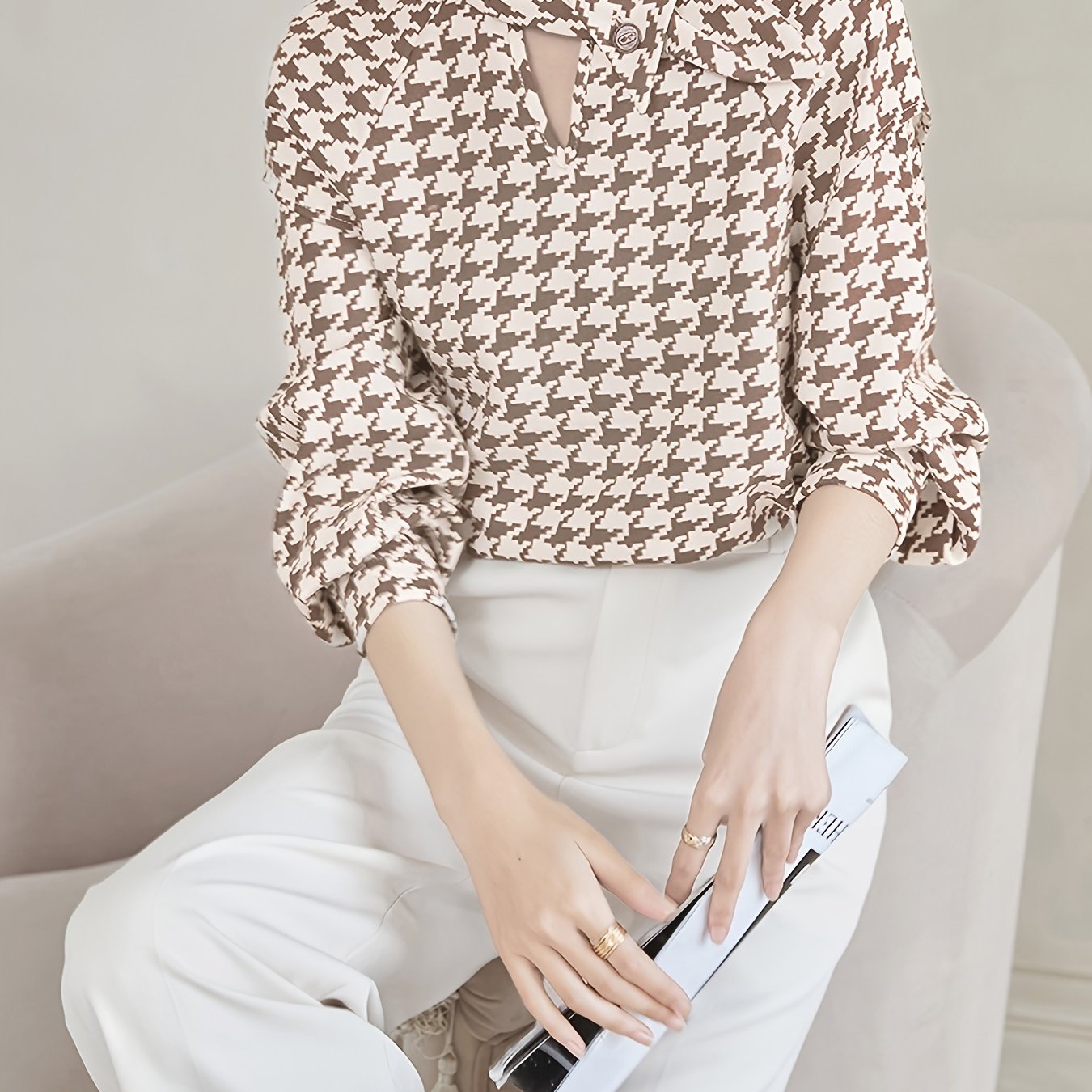 gbolsos  Houndstooth Print Shirt, Elegant Stand Collar Long Sleeve Shirt, Women's Clothing