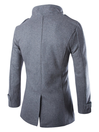 gbolsos  Men's Mid Long Wool Woolen Pea Coat Double Breasted Stand Collar Overcoat Winter Trench Coat