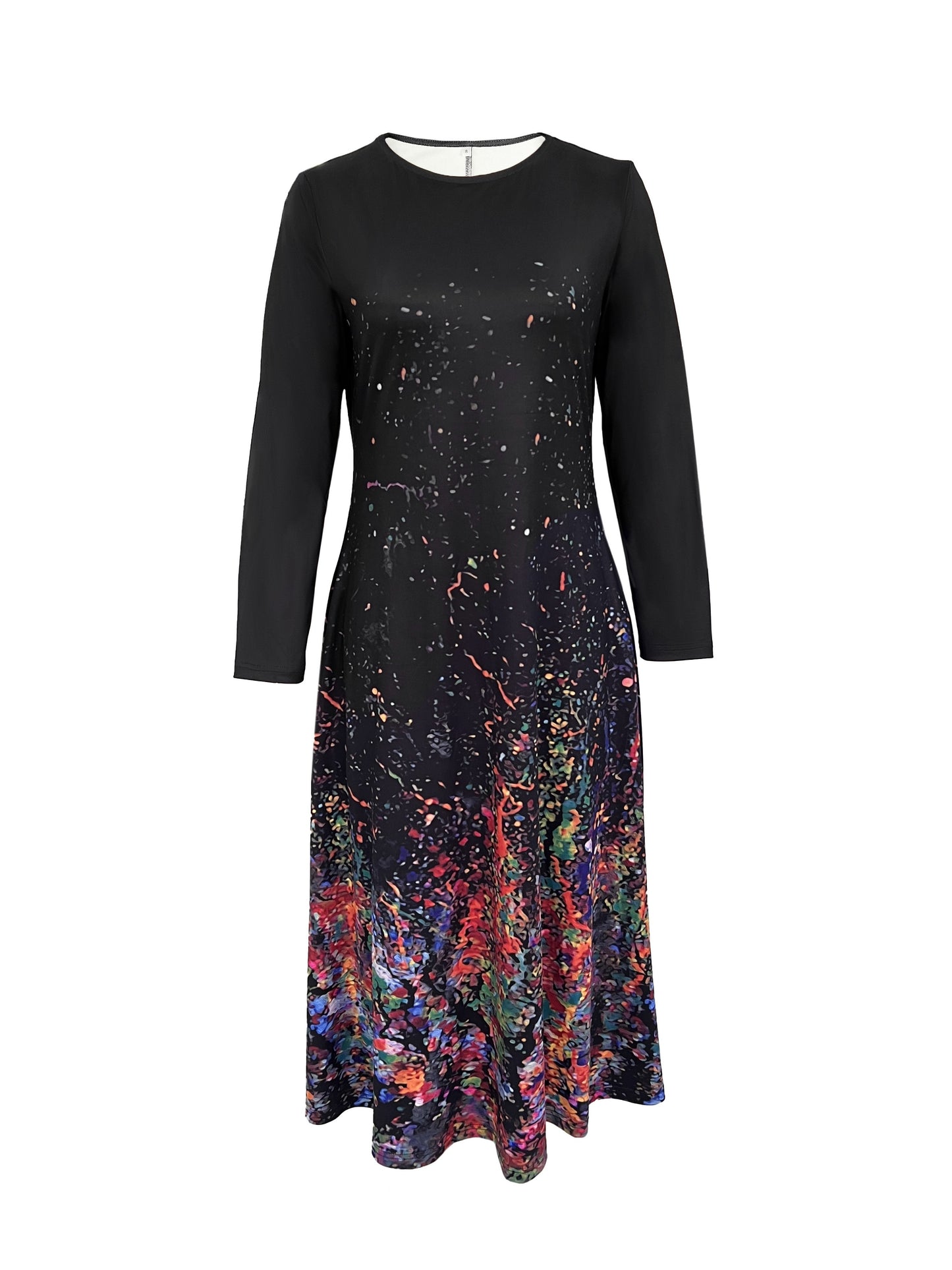 gbolsos  Abstract Print Long Sleeve Dress, Casual Crew Neck A-line Dress For Fall & Winter, Women's Clothing