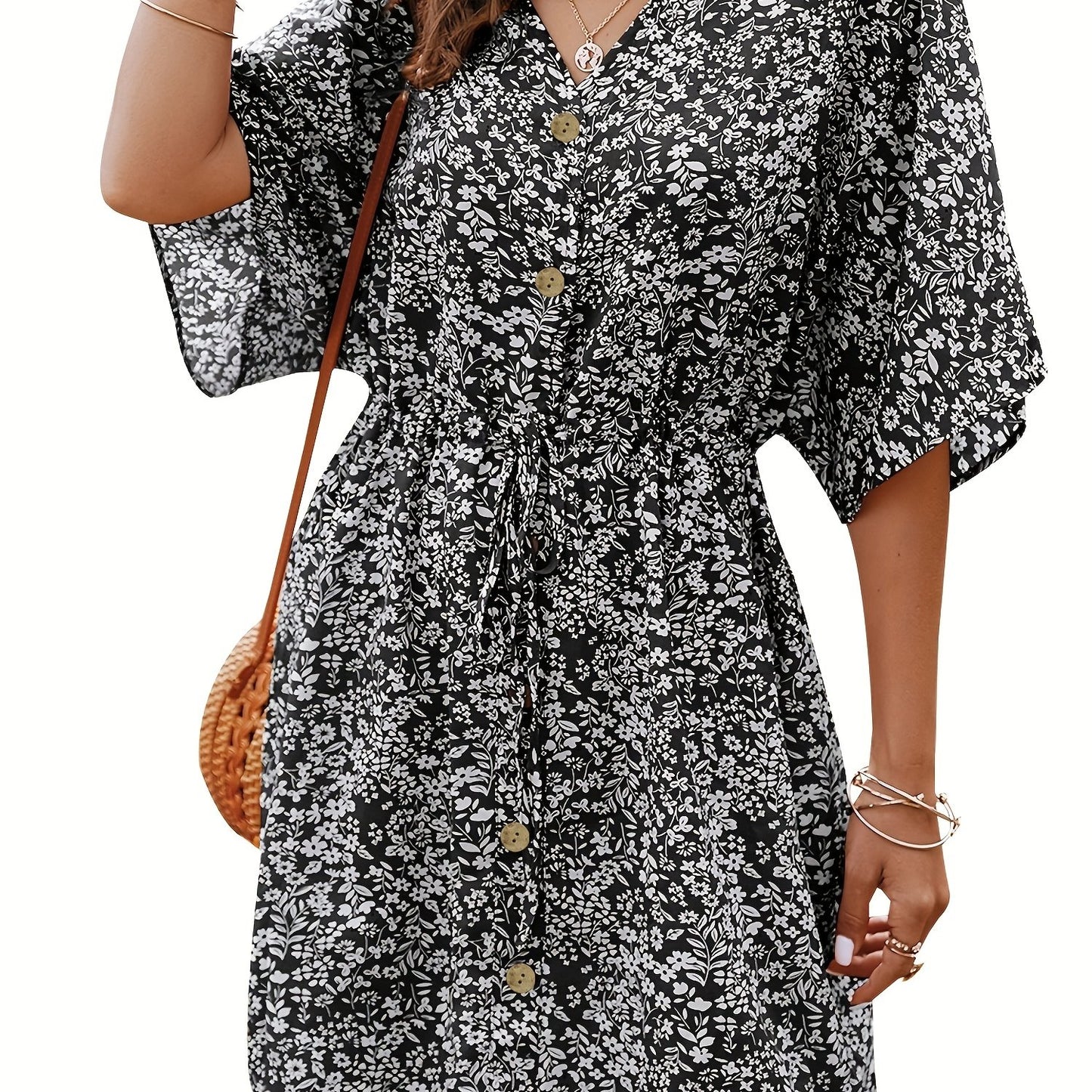 Floral Print V Neck Button Front Dress, Casual Loose Sleeve Dress For Summer, Women's Clothing