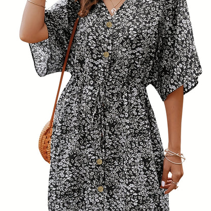 Floral Print V Neck Button Front Dress, Casual Loose Sleeve Dress For Summer, Women's Clothing