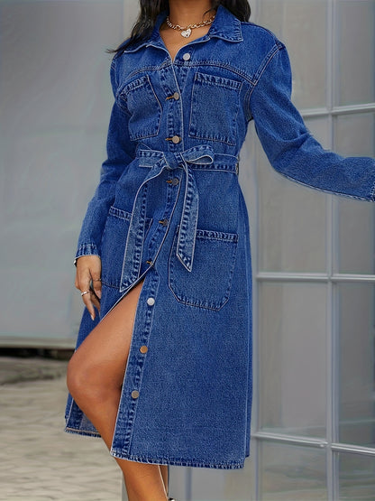 gbolsos  Blue Long Sleeves Denim Dress, Patch Pockets Single Breasted Button With Waistband Lapel Denim Dress, Women's Denim Clothing