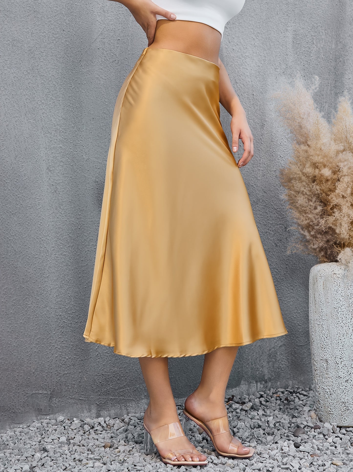 Satin Mid Length Skirts, Elegant Solid High Waist Party Skirts, Women's Clothing