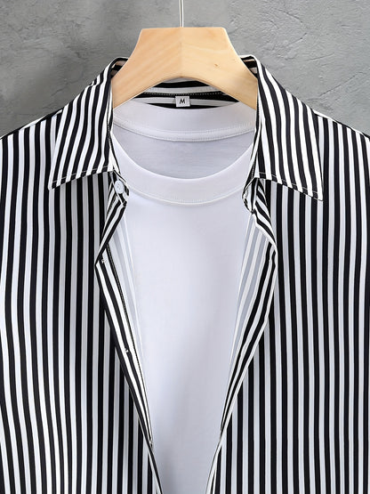 gbolsos  Men's Striped 2pcs, Short Sleeve Button Up Shirt And Drawstring Shorts Set