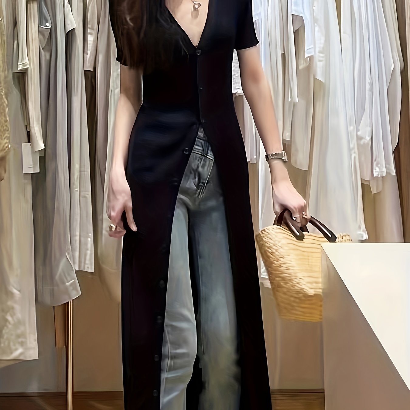gbolsos  Button Front V Neck Short Sleeve Dress, Sexy Split Maxi Slim Dress, Women's Clothing