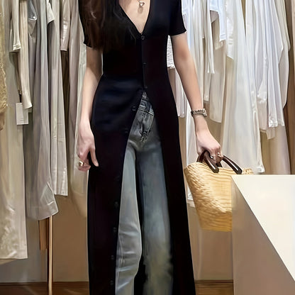 gbolsos  Button Front V Neck Short Sleeve Dress, Sexy Split Maxi Slim Dress, Women's Clothing