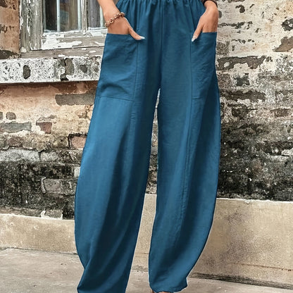 gbolsos  Boho Solid Elastic Waist Harem Pants, Casual Long Length Baggy Pants With Pockets For Spring & Summer, Women's Clothing