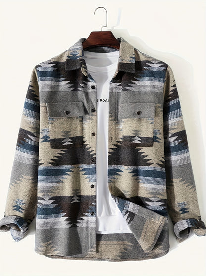 gbolsos  Stylish Geometric Pattern Men's Woven Long Sleeve Button Down Shirt Jacket With Pockets, Men's Fall Winter All-match Outwear