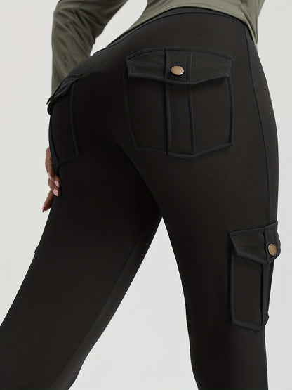 gbolsosCargo Leggings, Solid High Waist Casual Leggings For Spring & Fall, Women's Clothing