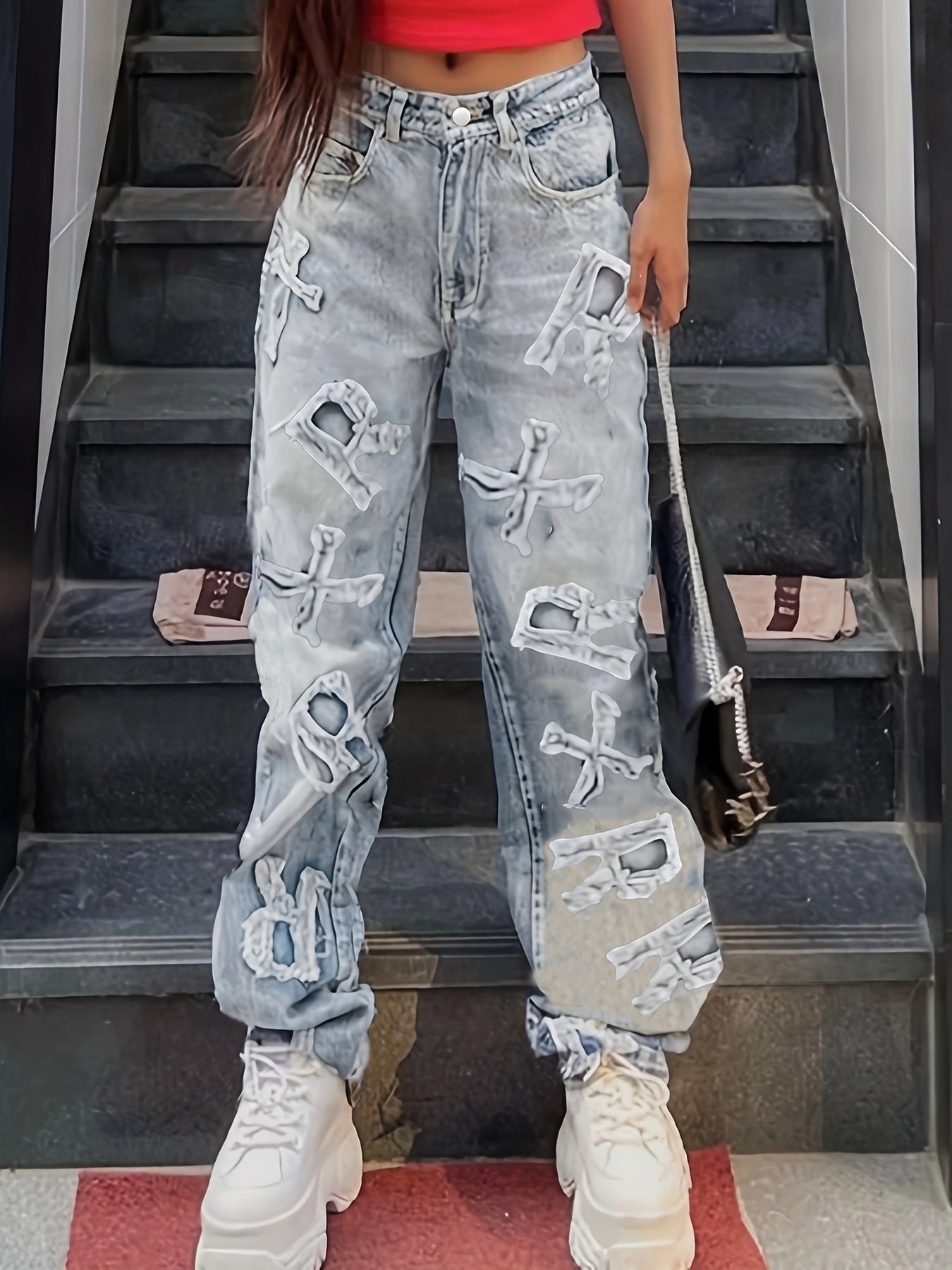 Letter Patch Faded Frayed Boyfriend Jeans, Distressed Loose Low Waist Street Style Denim Pants, Women's Denim Jeans & Clothing