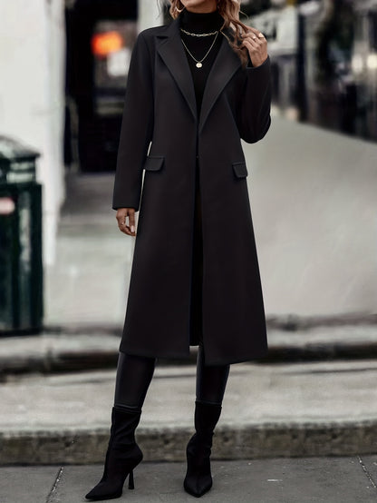 gbolsos  Solid Color Open Front Trench Coat, Elegant Lapel Neck Long Sleeve Belted Coat, Women's Clothing