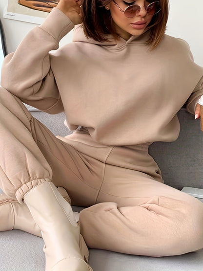 gbolsos  Casual Two-piece Set, Solid Hoodie & Elastic Waist Jogger Pants Outfits, Women's Clothing