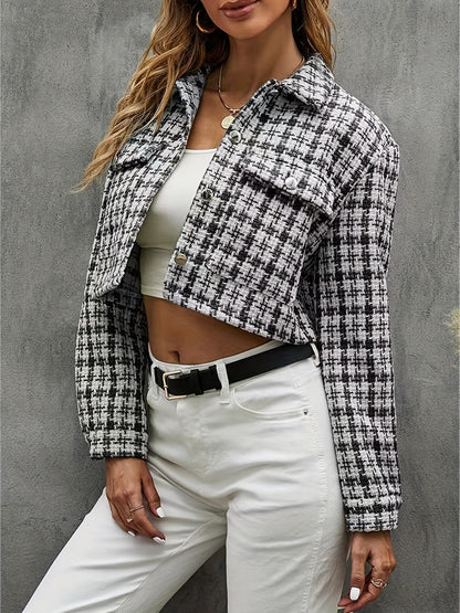 gbolsos  Plaid Pattern Cropped Jacket, Casual Button Front Long Sleeve Outerwear, Women's Clothing