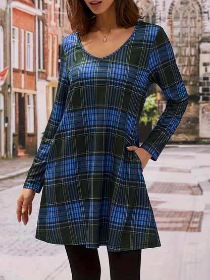 gbolsos  Plaid Print V Neck Dress, Casual Long Sleeve Dress With Pockets, Women's Clothing