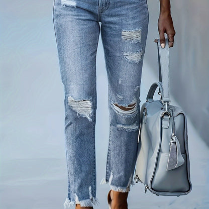 gbolsos  Ripped Holes Casual Straight Jeans, Raw Hem Slant Pockets Washed Denim Pants, Women's Denim Jeans & Clothing