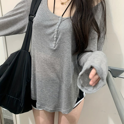 gbolsos  Grey Single-breasted Scoop Neck Cover Up T-shirt Top, Long Sleeve Semi Sheer Loose Fit Solid Color Sun Protection Beach Coverup Shirt, Women's Swimwear & Clothing