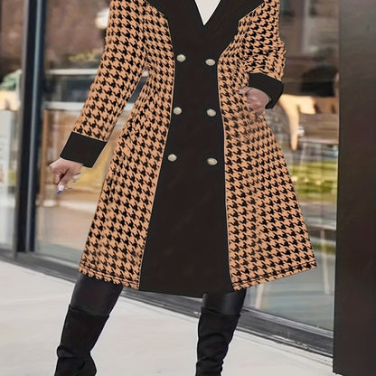 solvbao  Plus Size Casual Coat, Women's Plus Colorblock Houndstooth Print Double Button Long Sleeve Lapel Collar Belted Overcoat