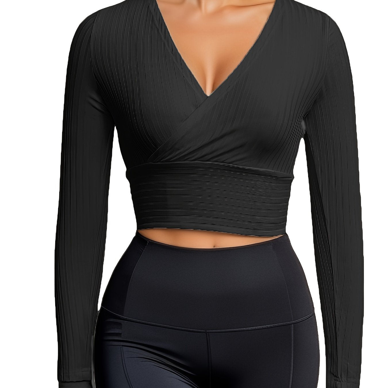 gbolsos  Ribbed Solid Deep V Neck Long Sleeve Cross Wrap Crop Tops , Women's Clothings