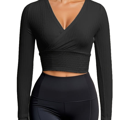 gbolsos  Ribbed Solid Deep V Neck Long Sleeve Cross Wrap Crop Tops , Women's Clothings