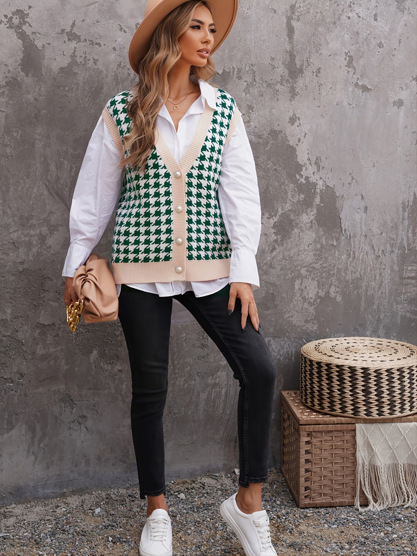 2025 gbolsos  Houndstooth Sweater Vests, Casual Loose V-Neck Sleeveless Fall Winter Knit Sweater Vest, Women's Clothing