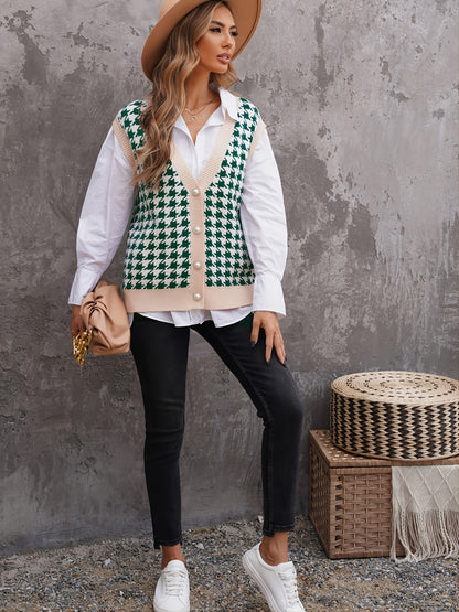 2025 gbolsos  Houndstooth Sweater Vests, Casual Loose V-Neck Sleeveless Fall Winter Knit Sweater Vest, Women's Clothing