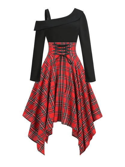 gbolsos  Plaid Asymmetrical Hem Dress, Vintage Cold Shoulder Long Sleeve Dress, Women's Clothing