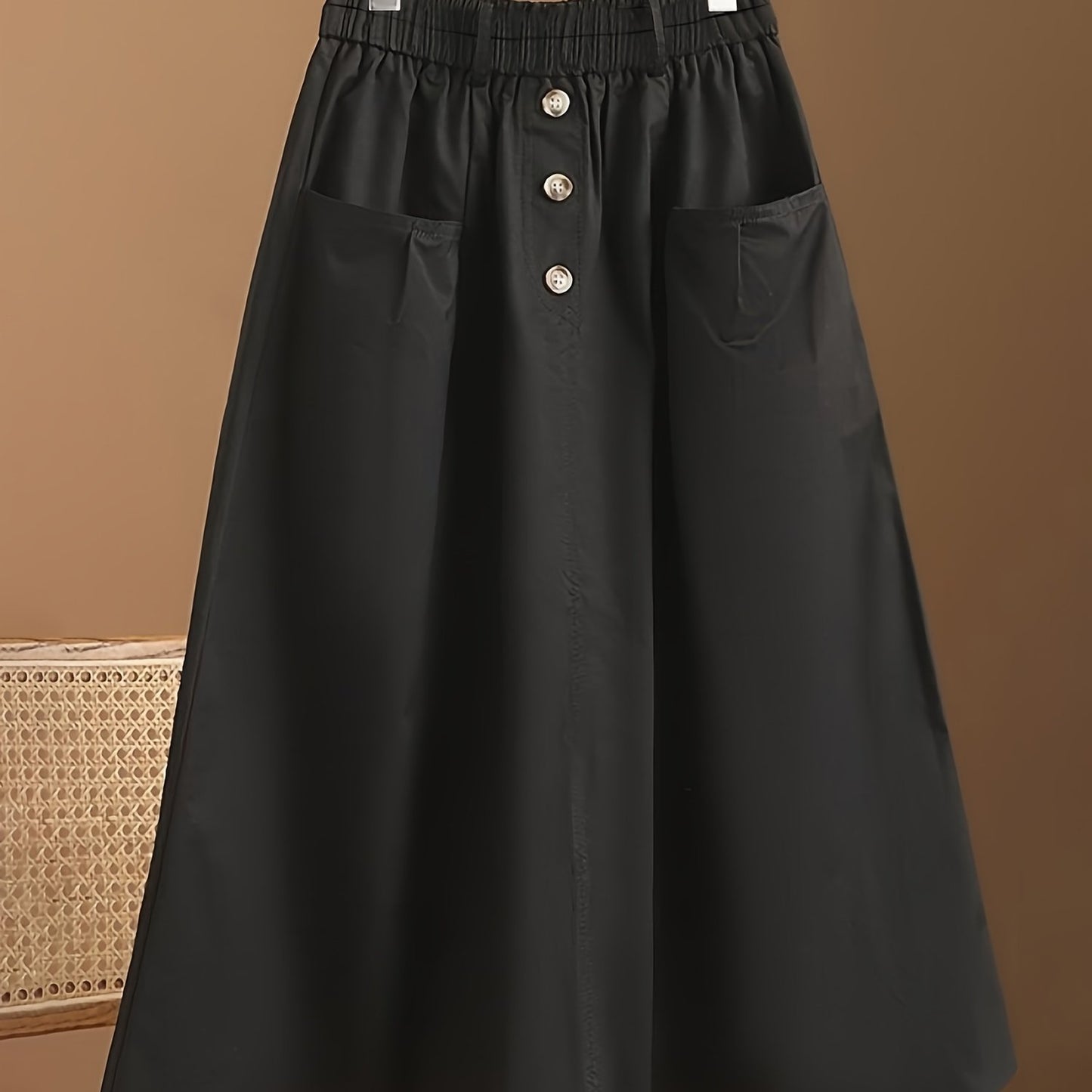 gbolsos  Solid Button Decor Pockets Skirt, Versatile Elastic Waist Skirt, Women's Clothing
