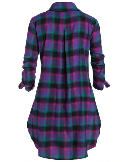 gbolsos  Plus Size Zip Up Plaid Pattern Long Sleeve Longline Shirt, Women's Plus Lapel Collar Casual Longline Blouse