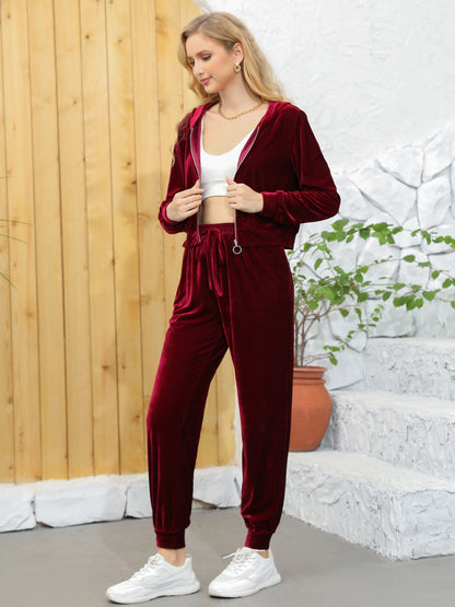 gbolsos  Solid Casual Two-piece Set, Zip Up Long Sleeve Hooded Tops & Drawstring Pants Outfits, Women's Clothing