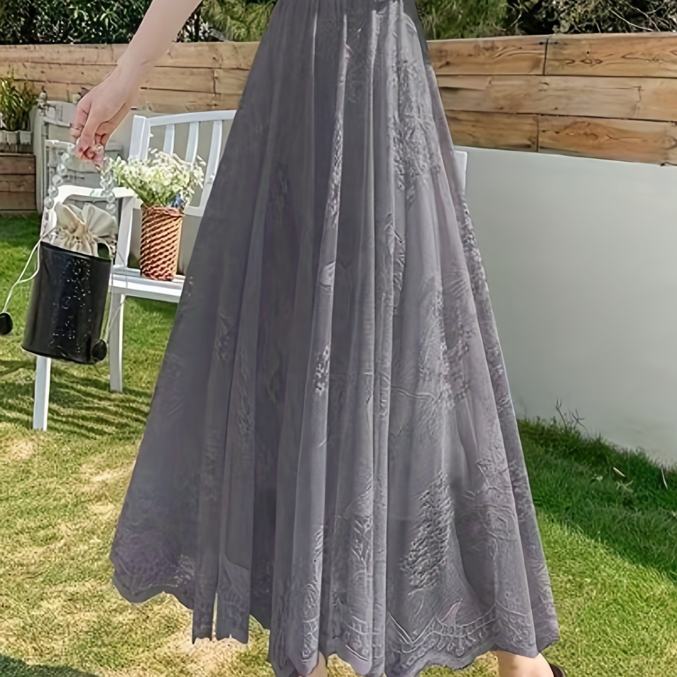 Solid Lace Elastic Waist Skirt, Elegant Skirt For Spring & Summer, Women's Clothing