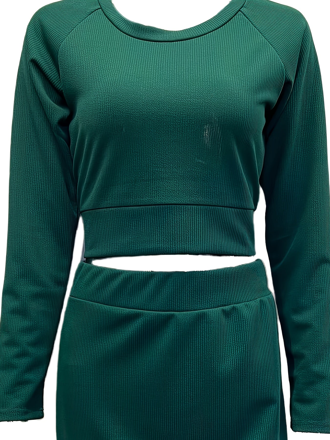 gbolsos  Casual Solid Two-piece Skirt Set, Crew Neck Long Sleeve Crop Top & High Waist Skirts Outfits, Women's Clothing