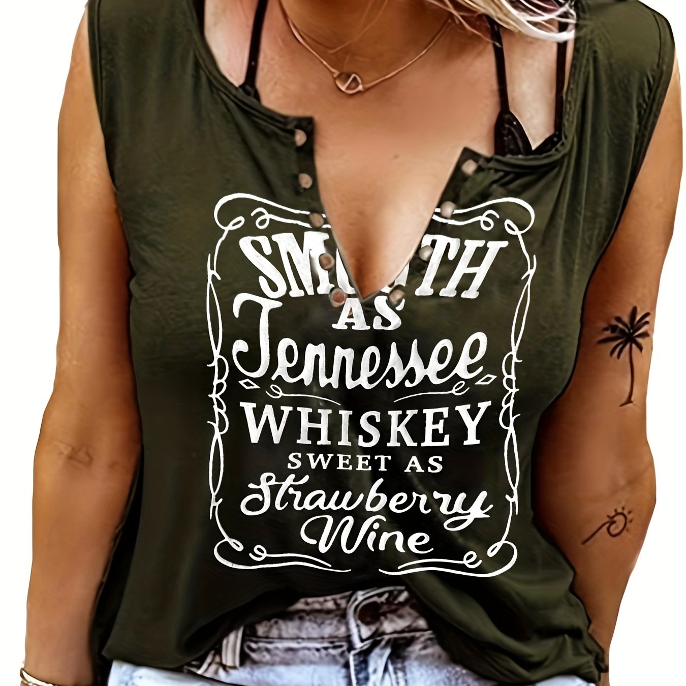 gbolsos  Whiskey Letter Print T-Shirt, Sleeveless Casual Every Day Top For Spring & Summer, Women's Clothing