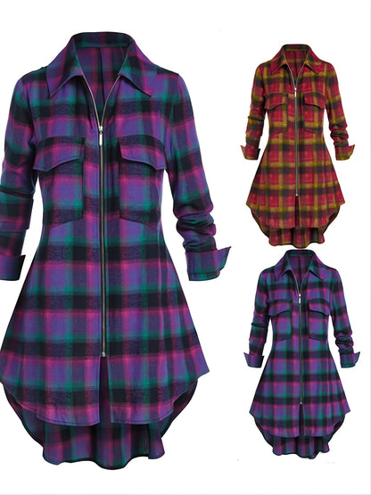 gbolsos  Plus Size Zip Up Plaid Pattern Long Sleeve Longline Shirt, Women's Plus Lapel Collar Casual Longline Blouse