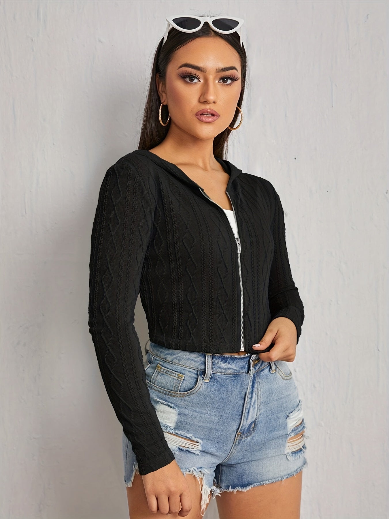 Textured Hooded Jacket, Casual Zip Up Long Sleeve Solid Outerwear, Women's Clothing