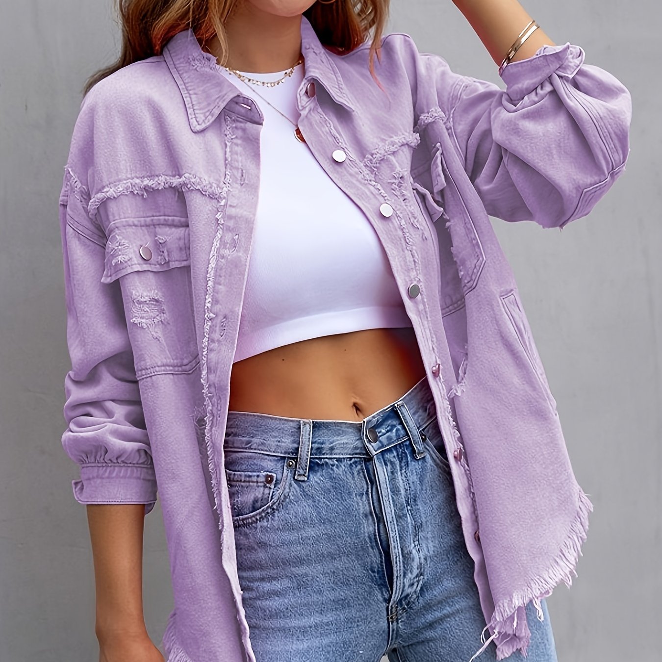 gbolsos  Plain Ripped Holes Lapel Denim Jackets, Distressed Raw Hem Long Sleeves Casual Denim Coats, Women's Denim  Clothing