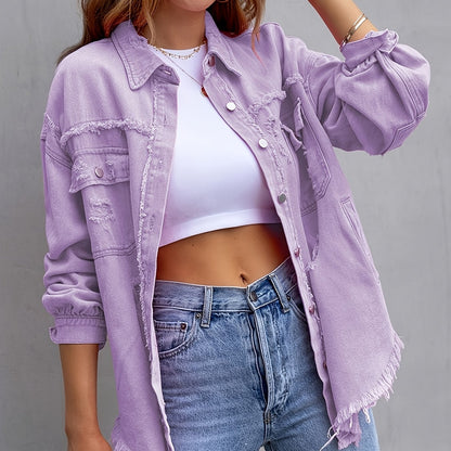 gbolsos  Plain Ripped Holes Lapel Denim Jackets, Distressed Raw Hem Long Sleeves Casual Denim Coats, Women's Denim  Clothing